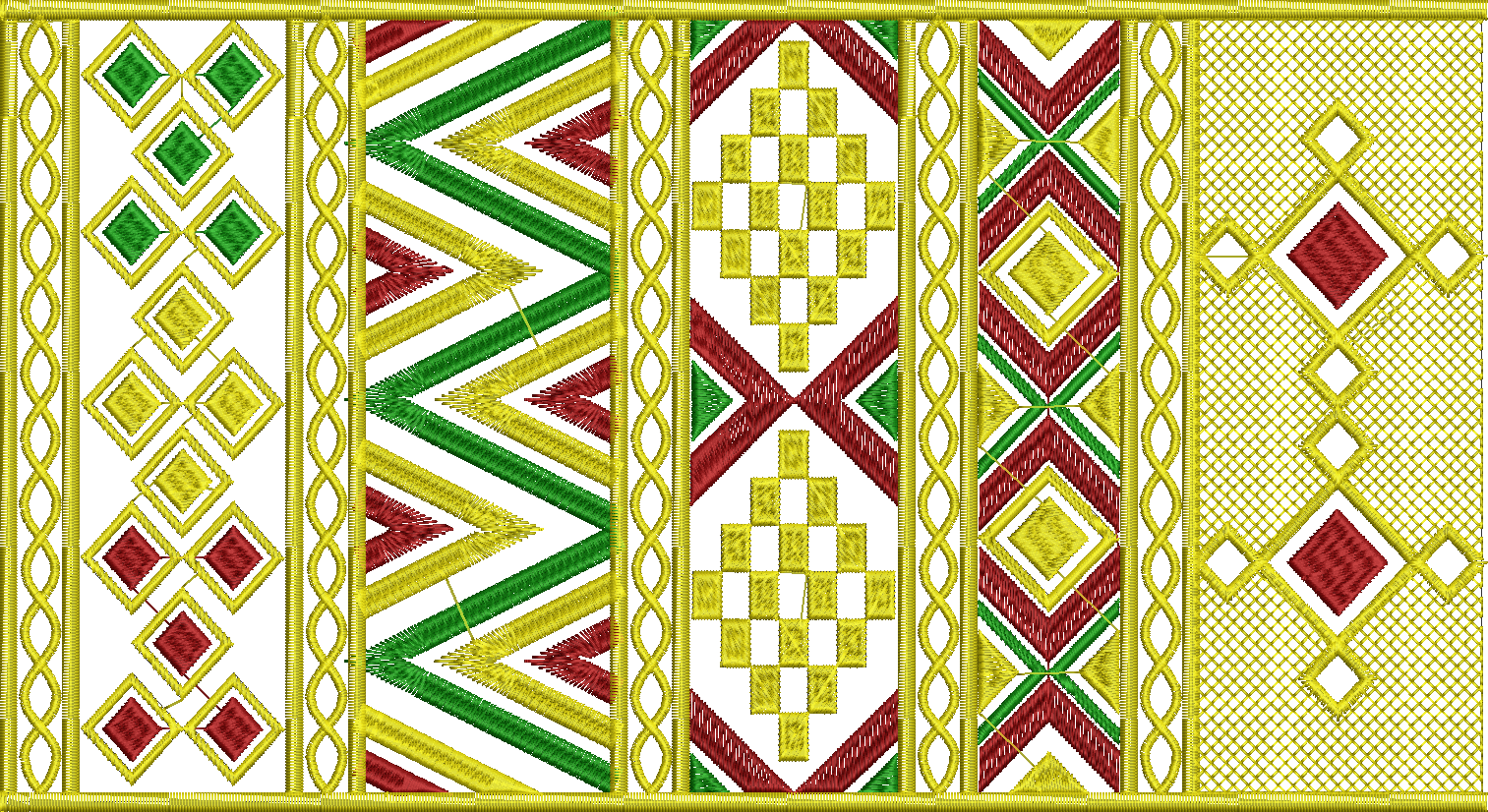 A collection of vertical embroidery panels featuring red, green, and yellow geometric patterns including diamonds, chevrons, and checkered designs, framed by decorative yellow scrollwork.
